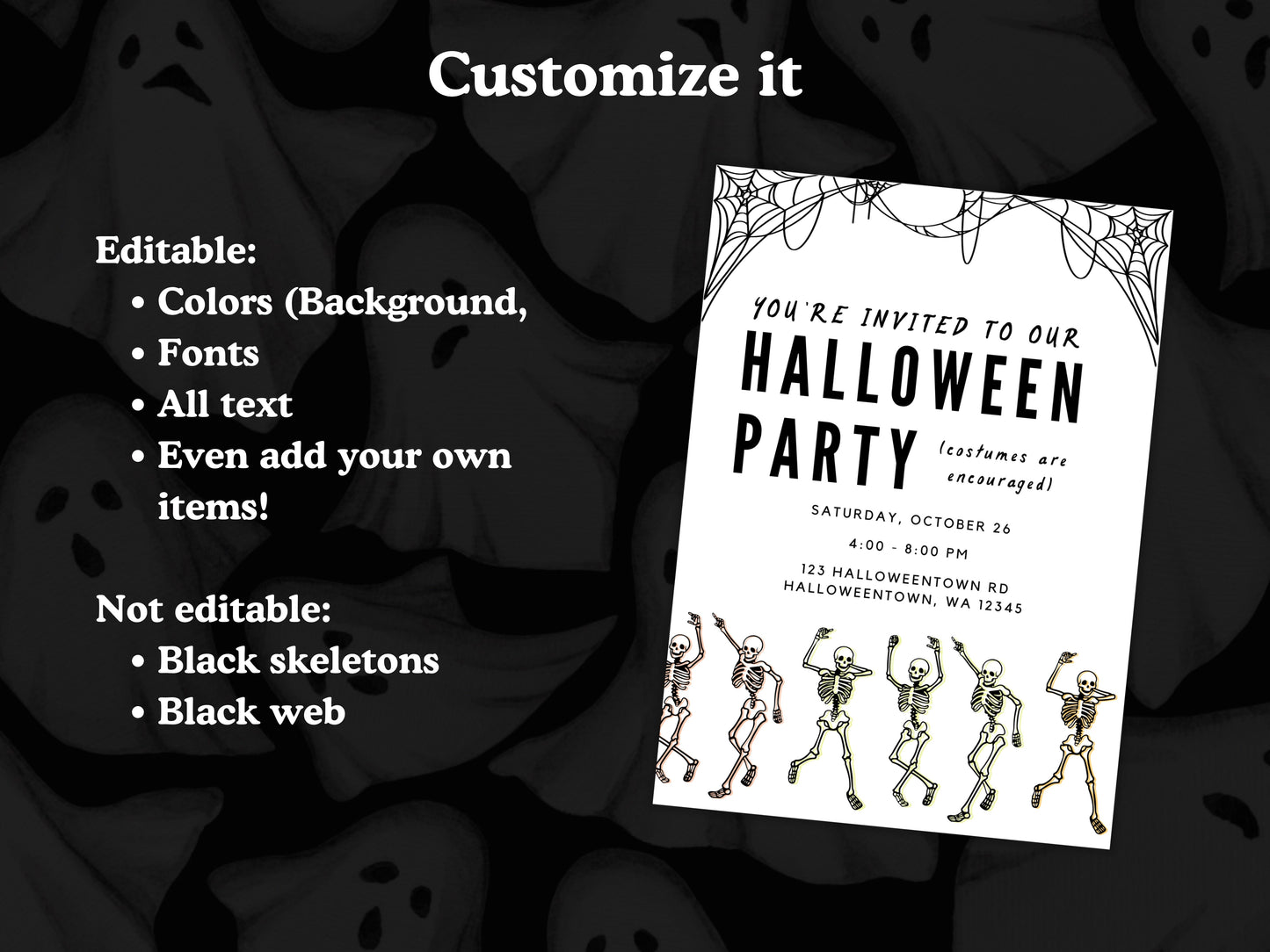 DIGITAL Halloween Party Dancing Skeleton Invitation Simply Happy Paper