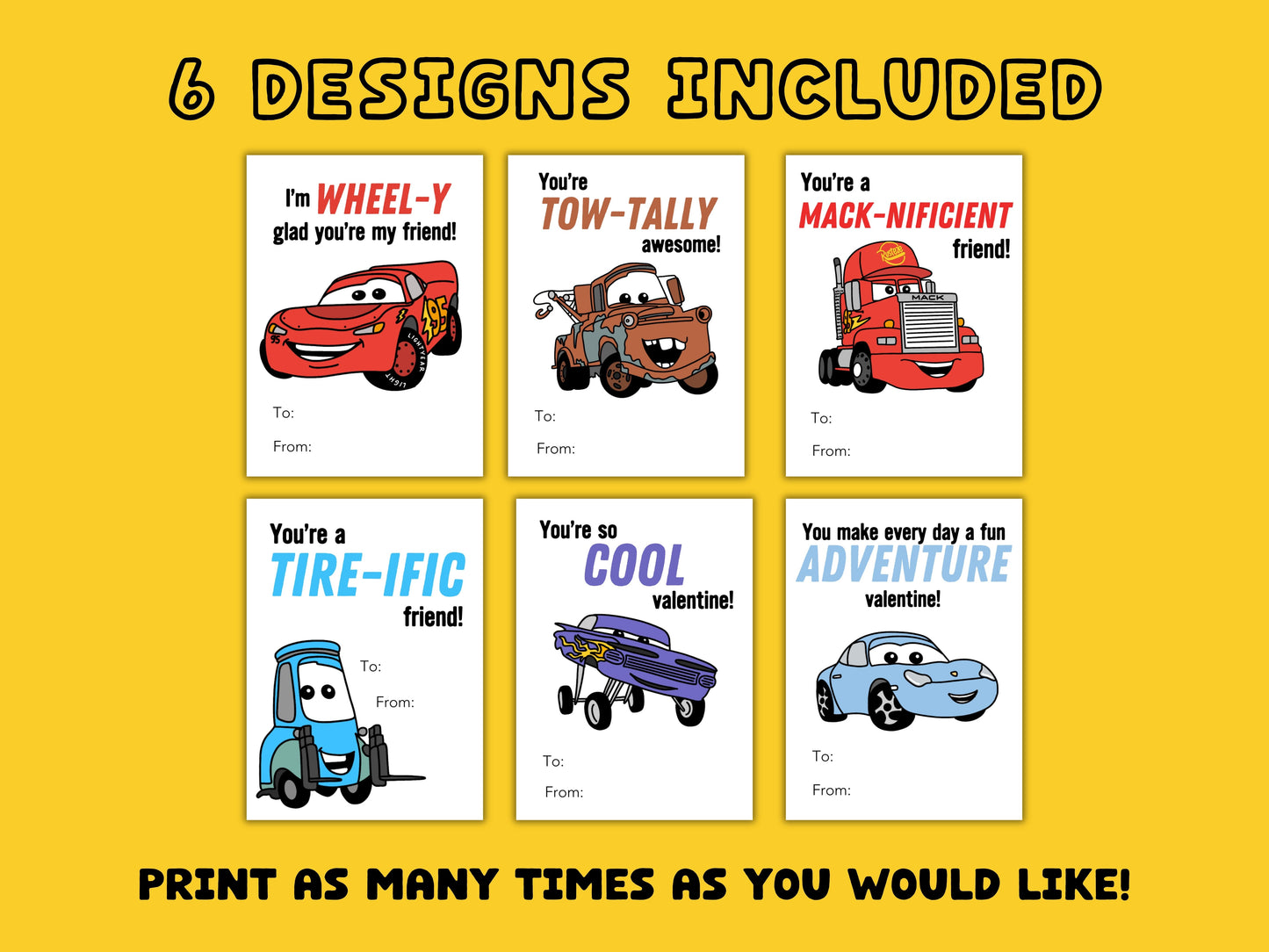 Digital Cars Characters Printable Valentine Cards