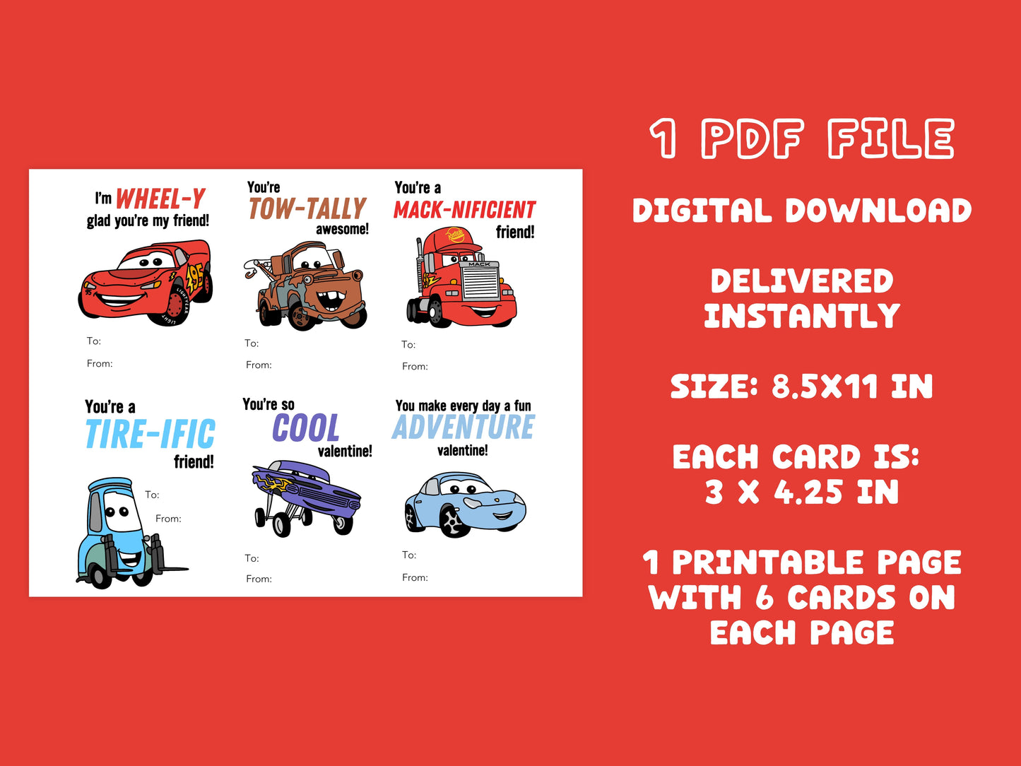 Digital Cars Characters Printable Valentine Cards