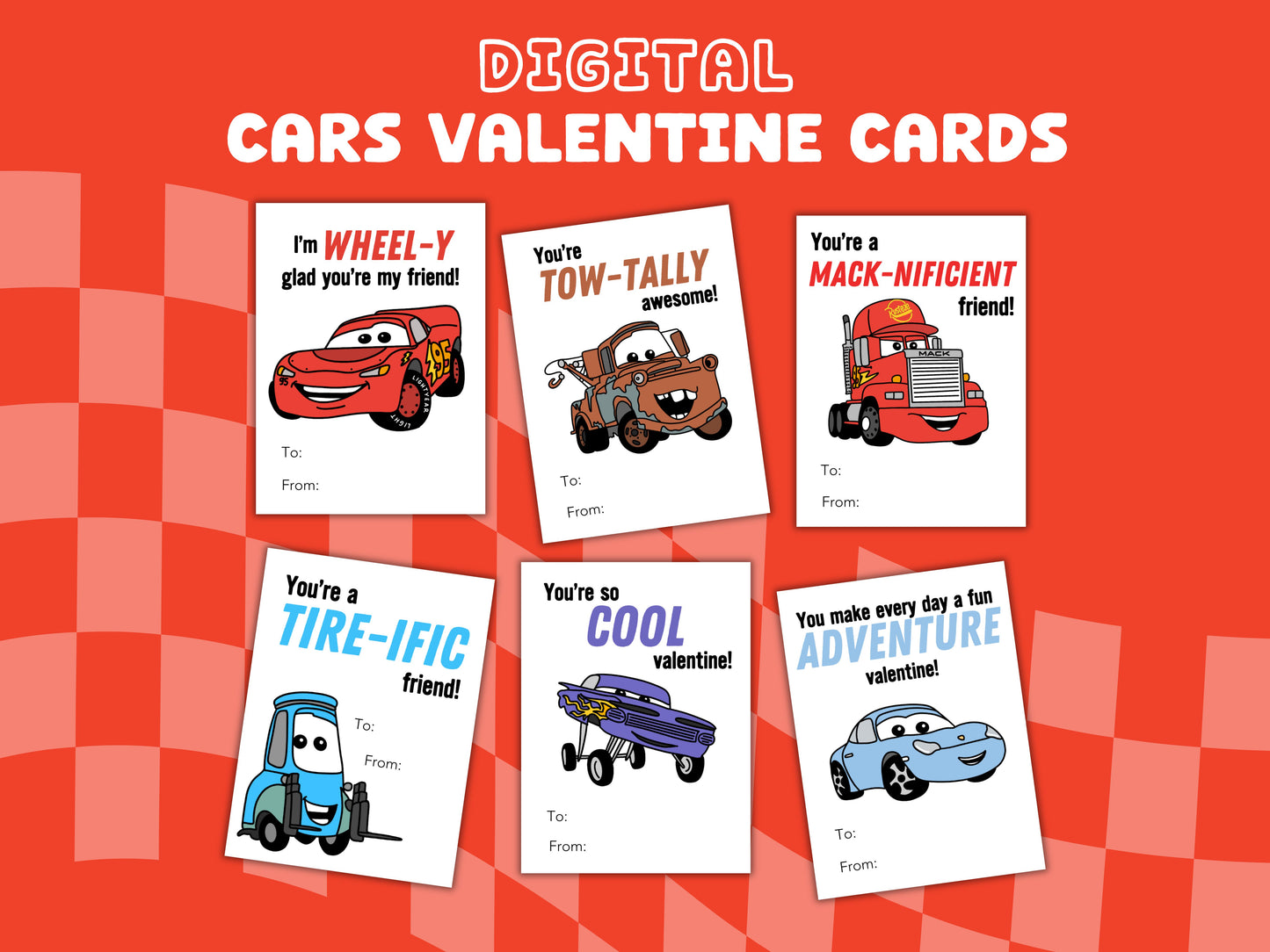 Digital Cars Characters Printable Valentine Cards